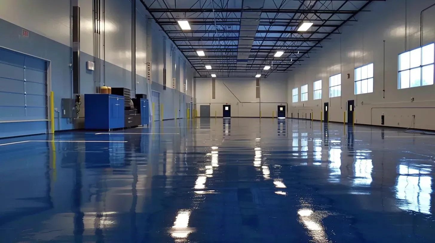 Glossy blue epoxy floor coating in a large empty warehouse with overhead lighting