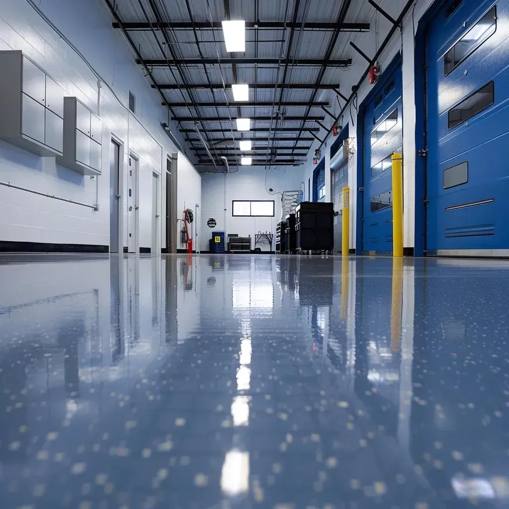 Commercial warehouse hallway with a glossy gray epoxy floor coating and blue overhead doors