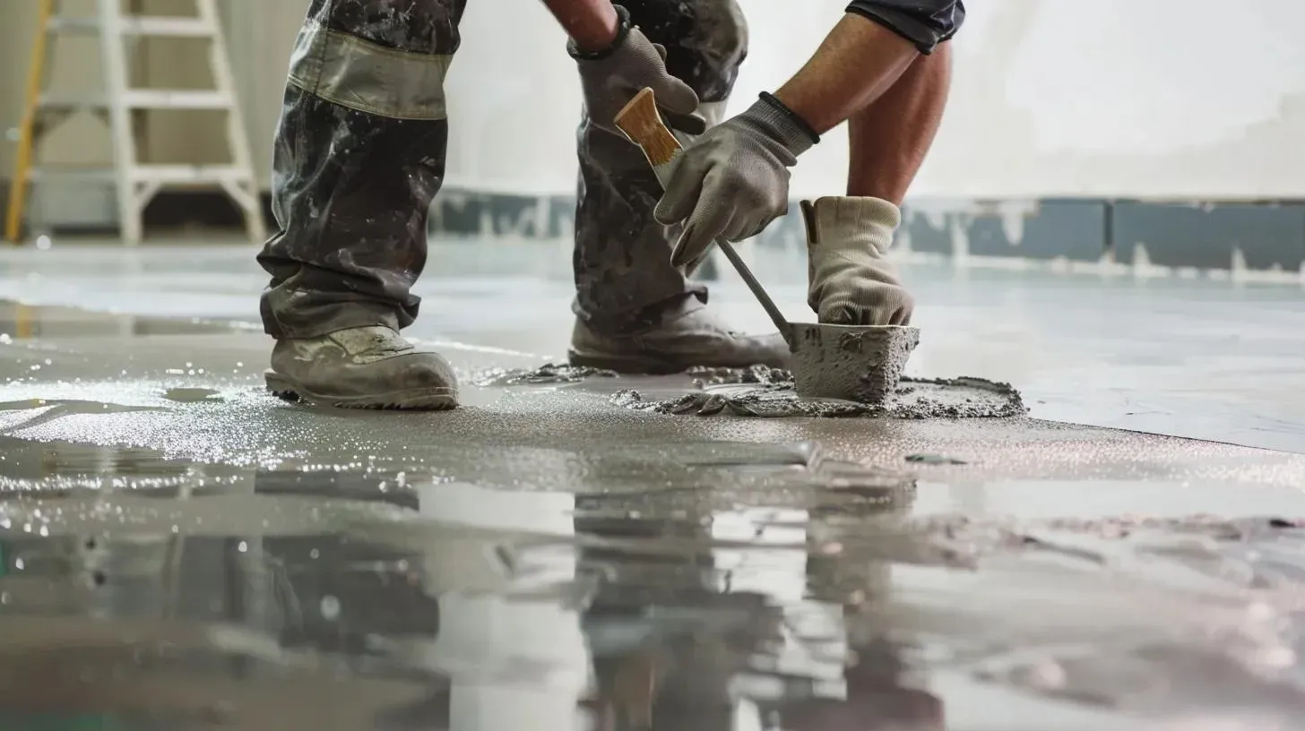 Worker in coveralls smoothing wet epoxy floor coating with a trowel
