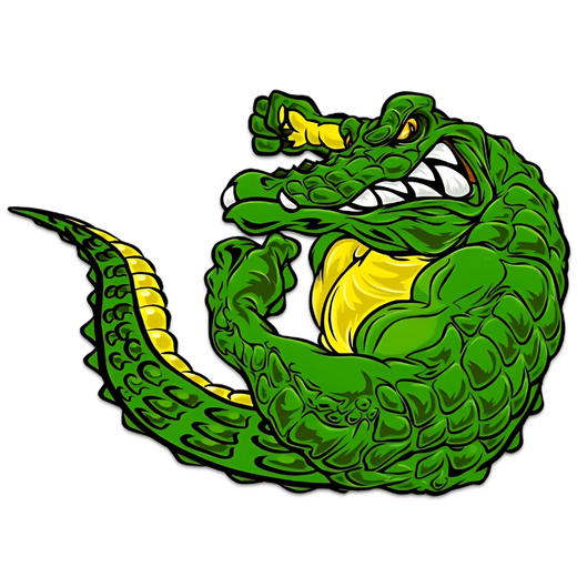GatorGuard alligator mascot flexing its arm with yellow belly accents and bared teeth