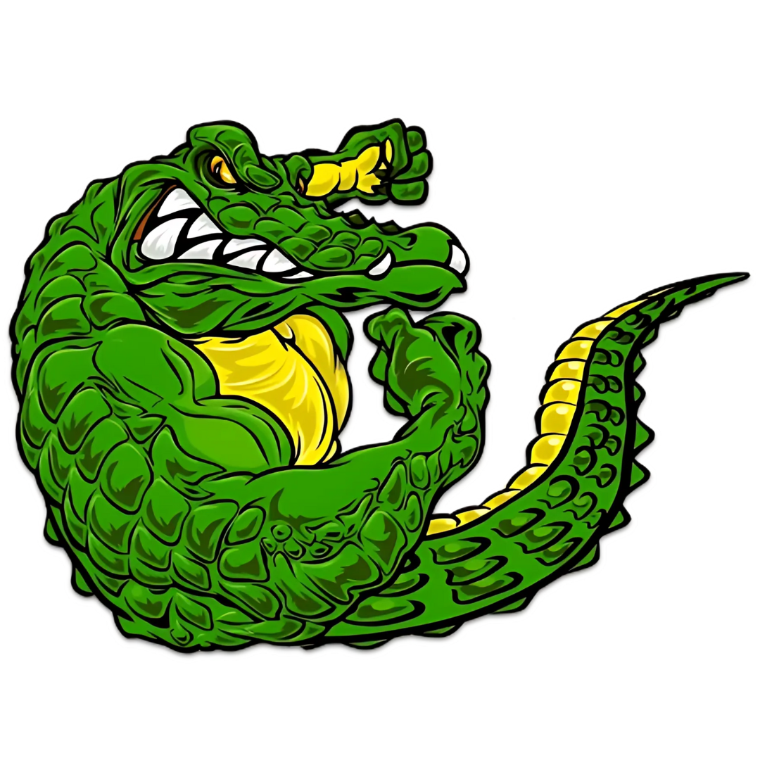 GatorGuard alligator mascot flexing its arm with a clenched fist and bared teeth
