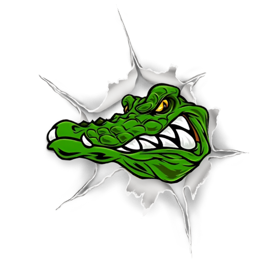 GatorGuard alligator mascot head bursting through a torn wall