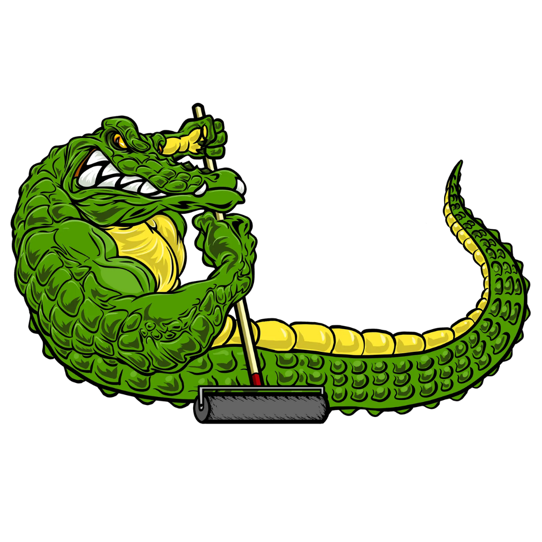 GatorGuard alligator mascot flexing while holding a paint roller on a pole