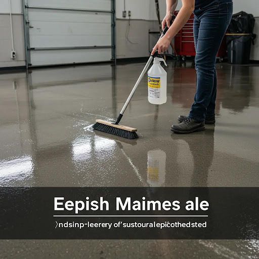 Worker scrubbing a garage floor with a push broom and cleaning solution