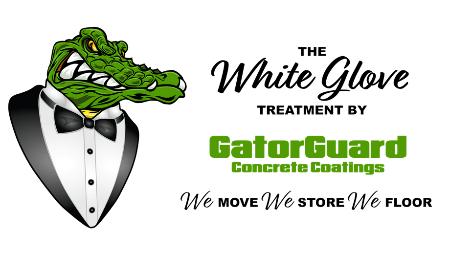 GatorGuard alligator mascot in a tuxedo beside White Glove Treatment moving and storage tagline text