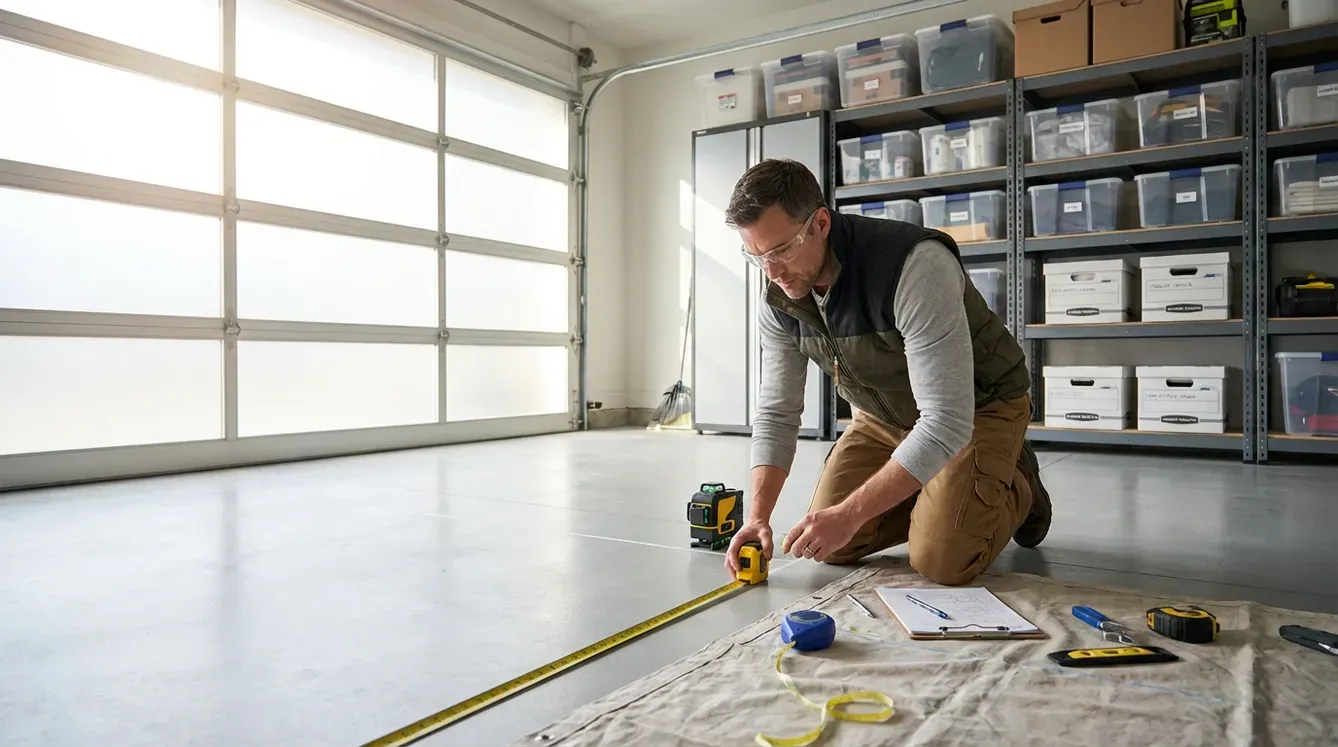 Man kneeling in a garage measuring a bare concrete floor before coating installation