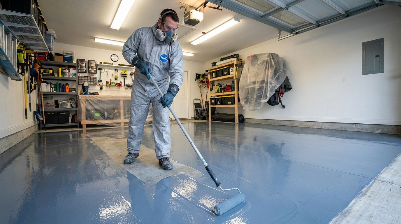 Installer in a protective suit and respirator rolling light blue-gray coating across a garage floor
