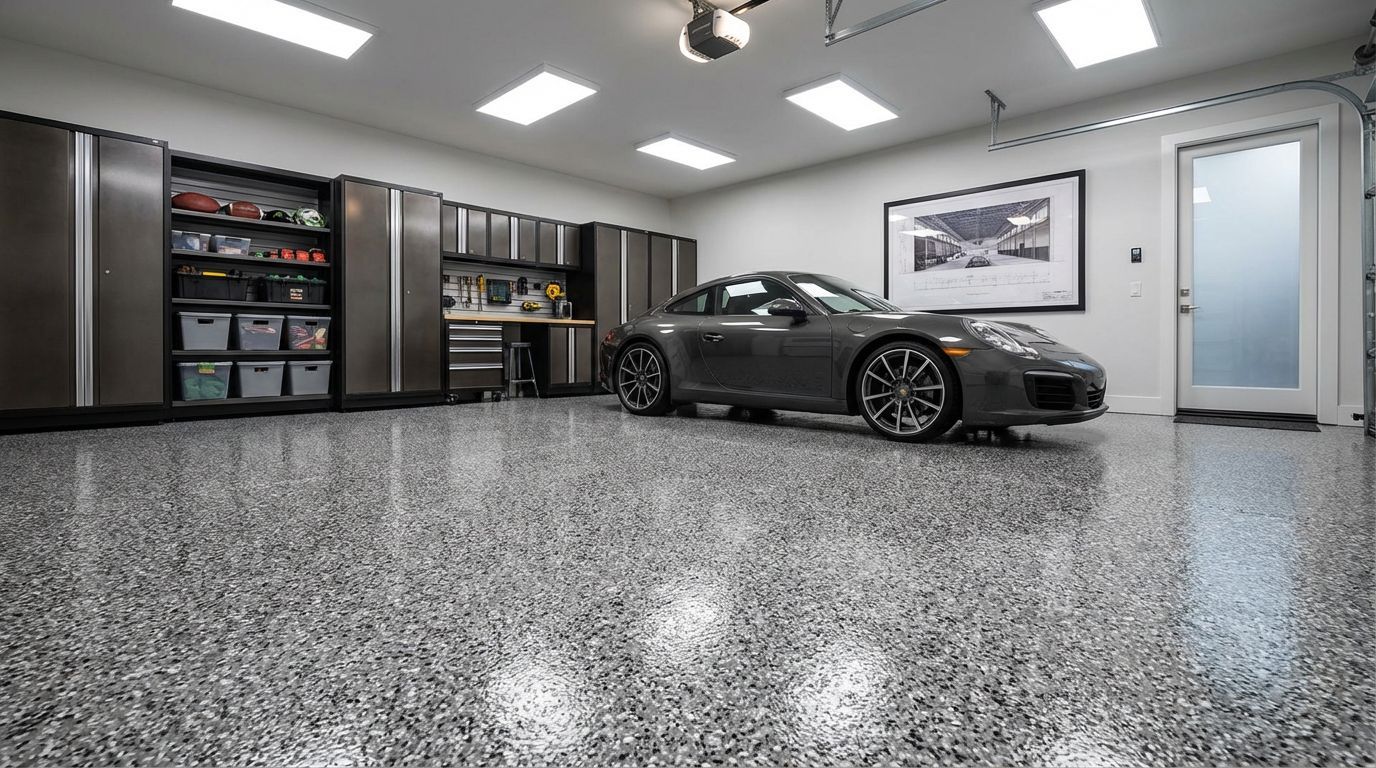 Gray sports car in a garage with a full flake epoxy floor and skylights