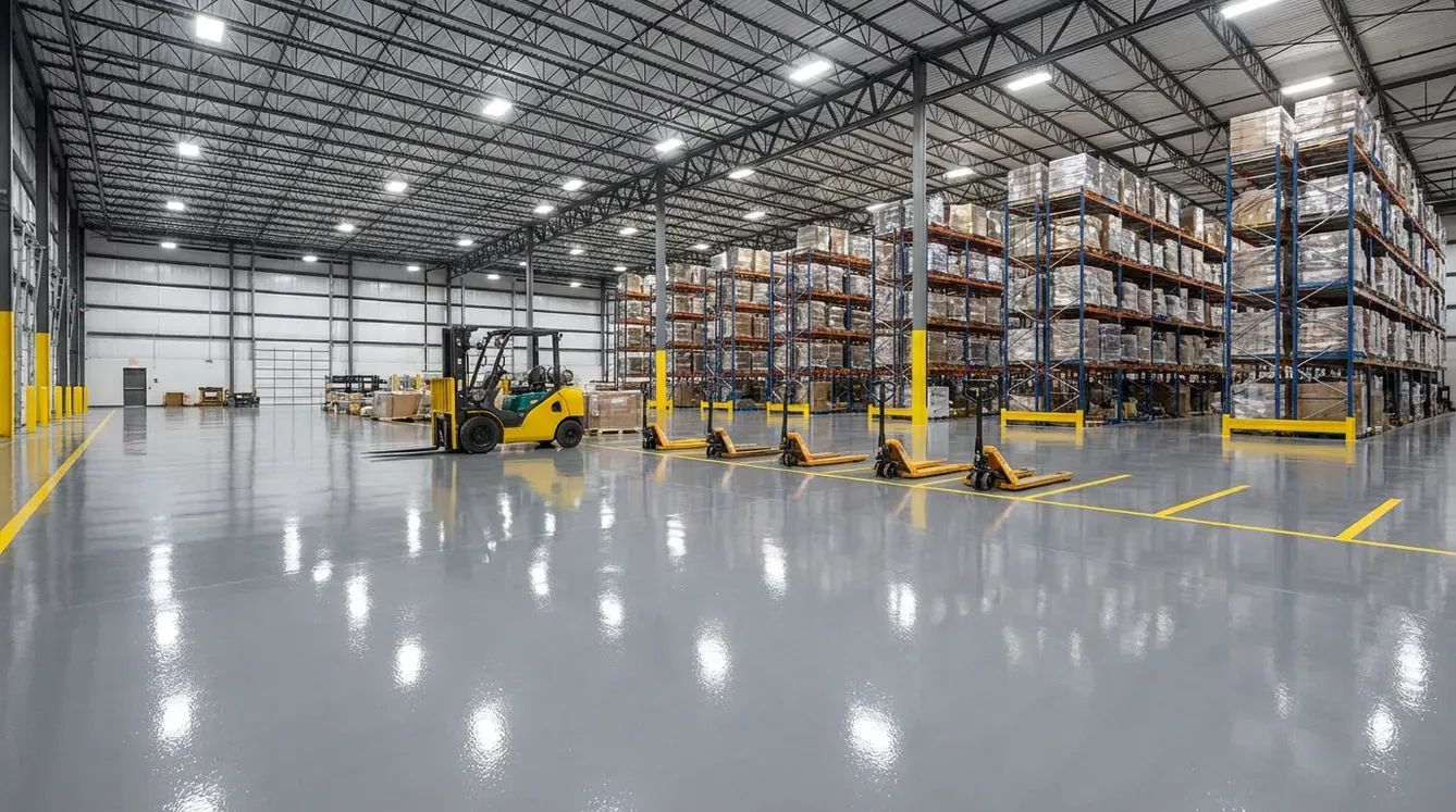 Warehouse with a gray epoxy floor, forklift, pallet jacks and pallet racking