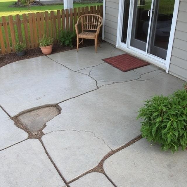 Cracked concrete patio with a wicker chair and potted plants before sealing