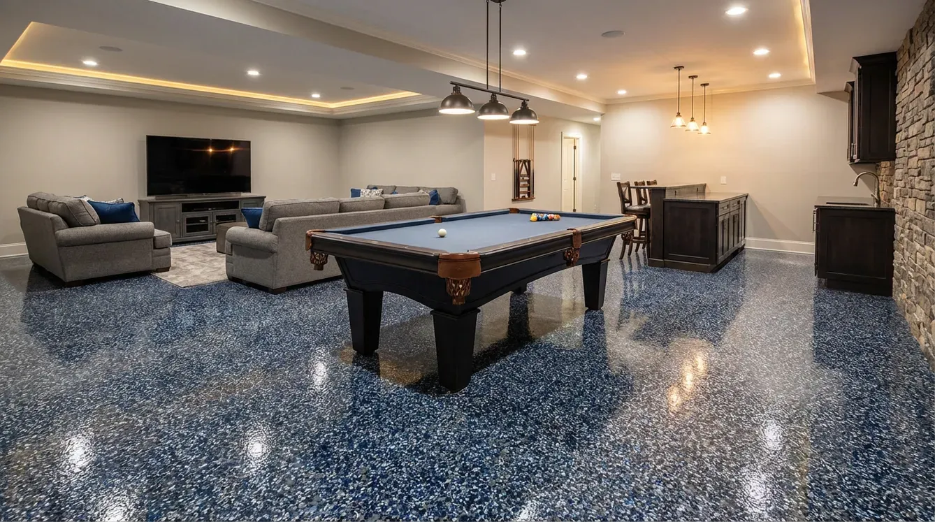 Basement game room with a blue full flake epoxy floor, pool table and wet bar