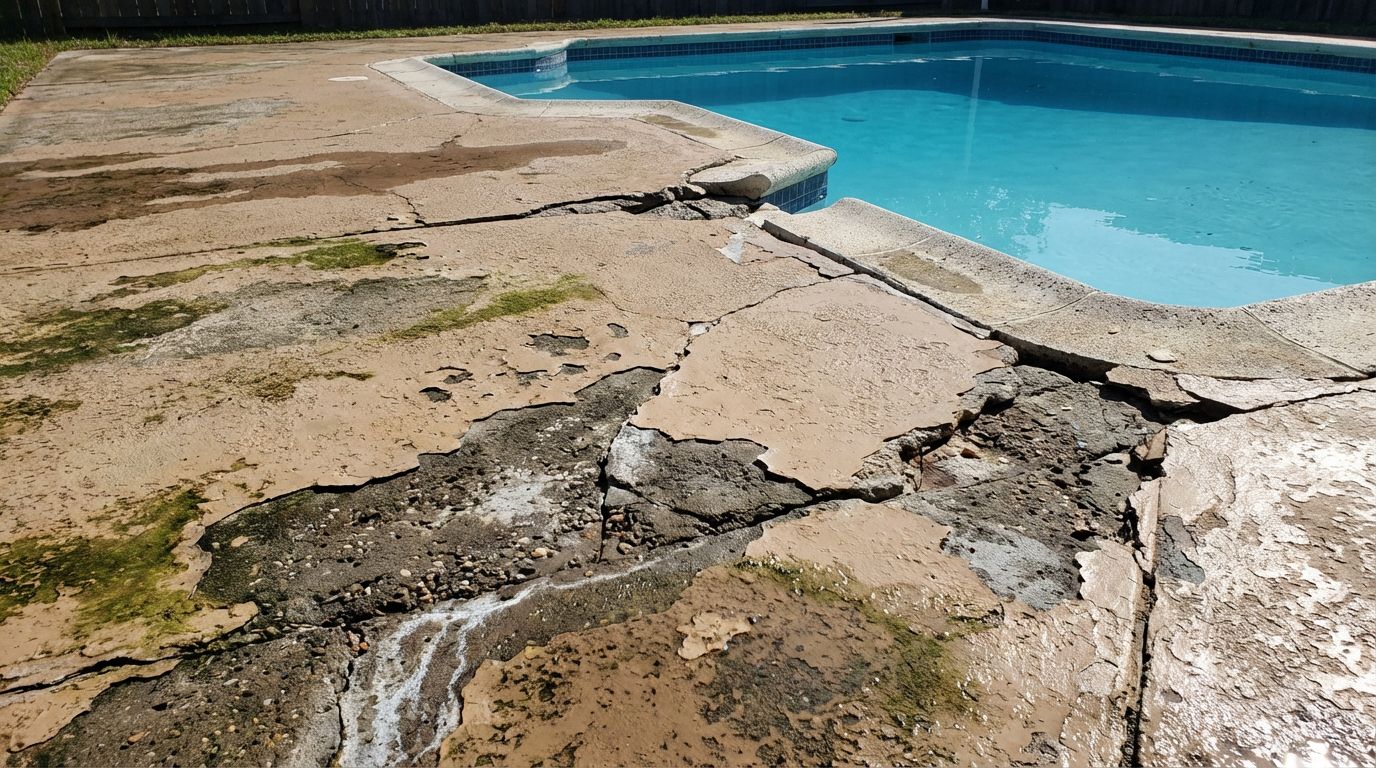Cracked, crumbling concrete pool deck with exposed gravel next to an in-ground pool