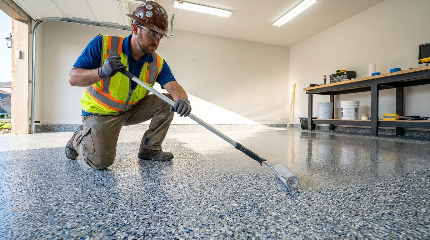 Worker in a hard hat and safety vest applying topcoat to a full flake epoxy garage floor