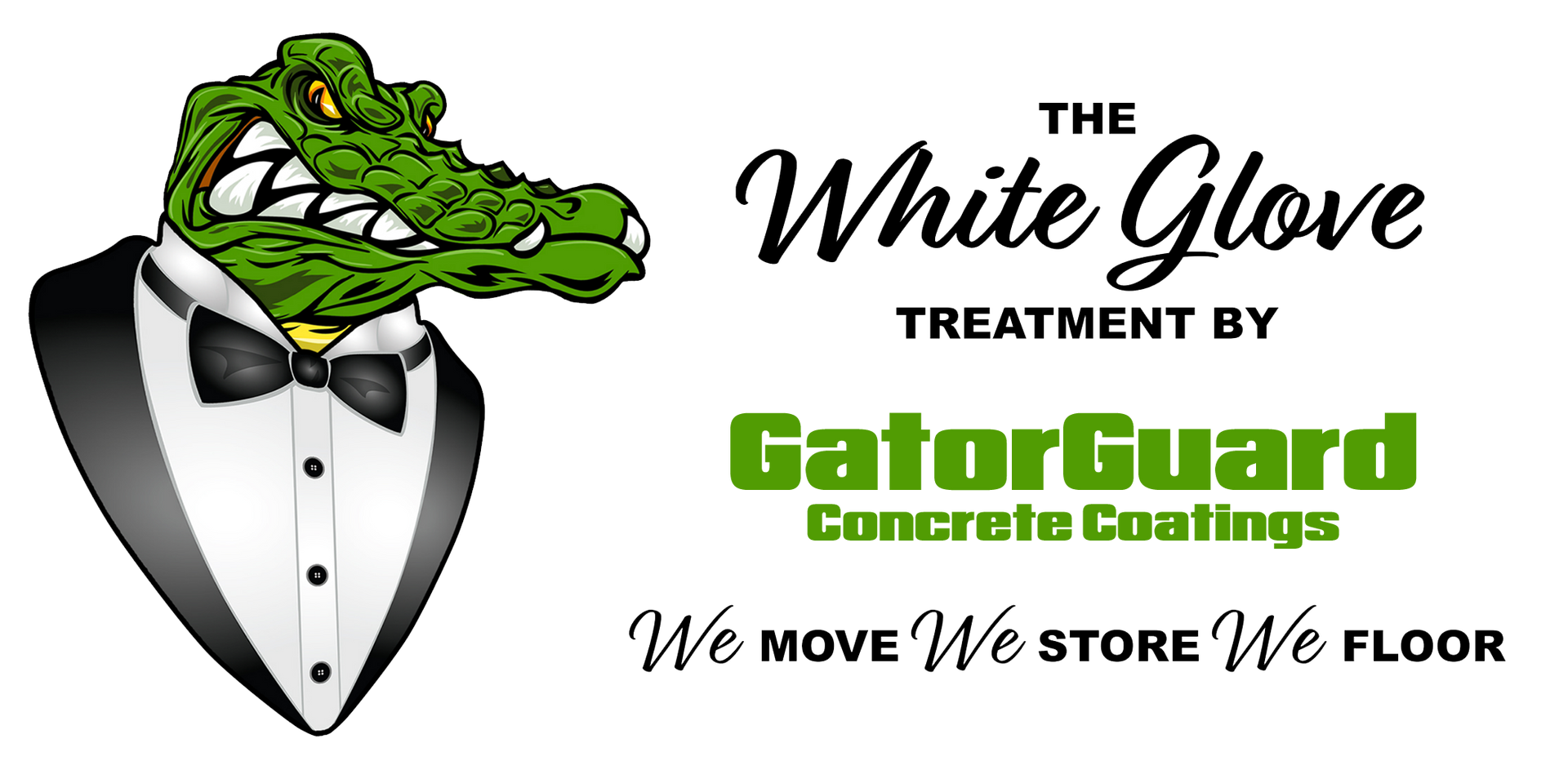 GatorGuard alligator mascot in a tuxedo promoting the White Glove moving and floor service