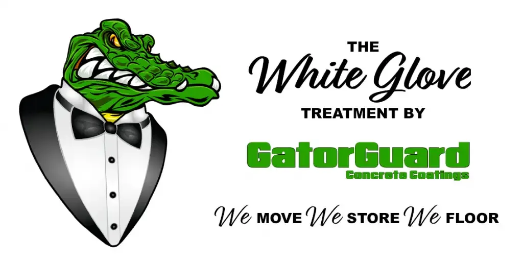 GatorGuard alligator mascot in a tuxedo beside White Glove Treatment service text and logo