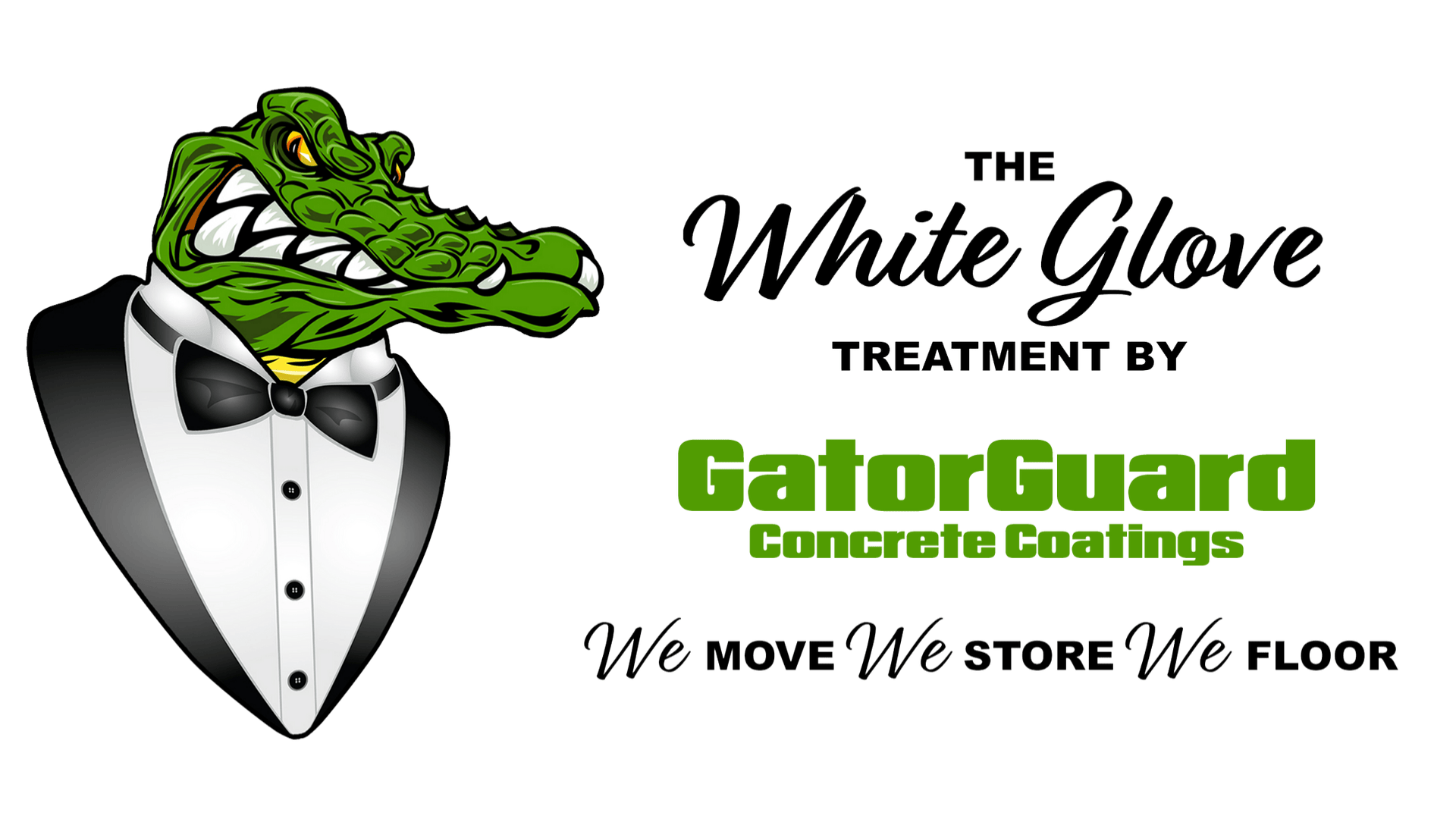 GatorGuard alligator mascot in a tuxedo beside White Glove Treatment moving and storage tagline text