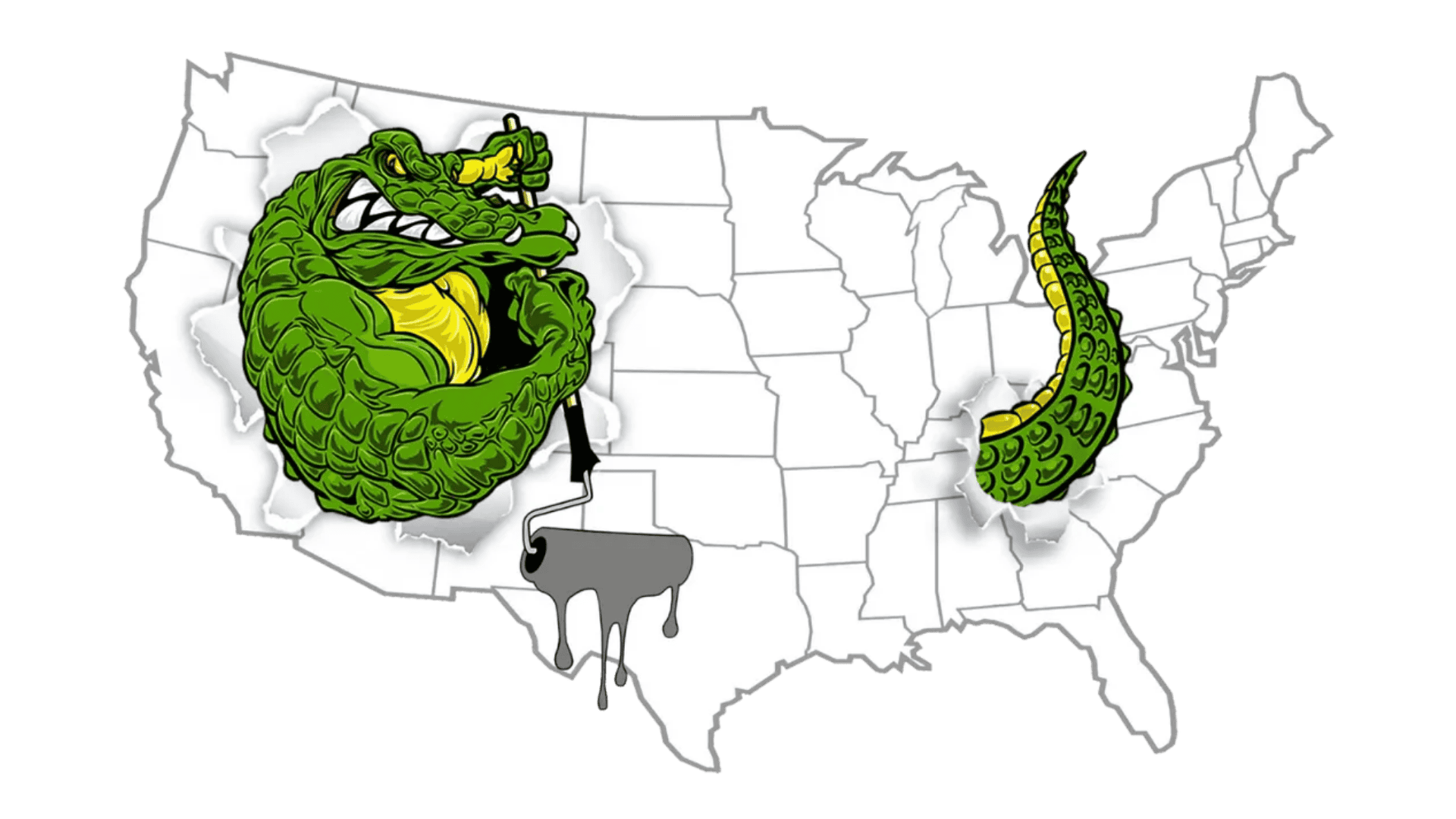 US map with a green alligator mascot wrapped around the Midwest and its tail in the South