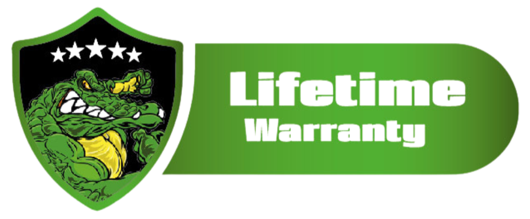 GatorGuard lifetime warranty badge with an alligator mascot shield and five stars